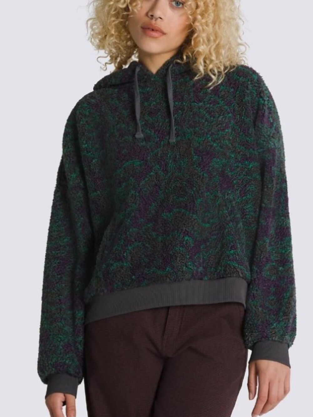 VANS Collett Boucle Loose Pullover Hoodie Green And Purple Sherpa